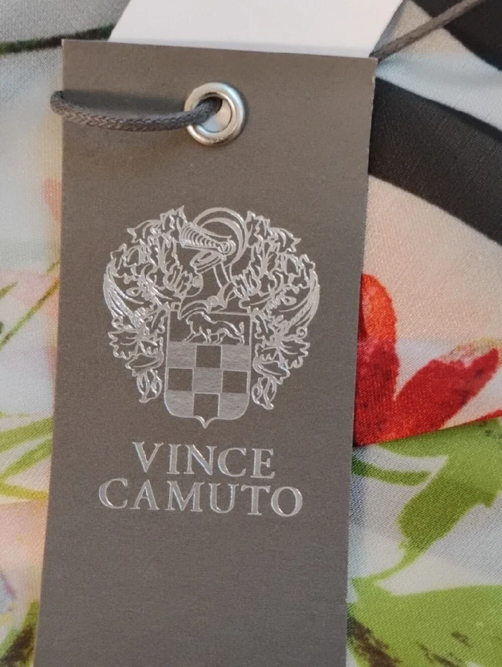 Vince Camuto White Satin Scarf with Red and Green Floral Print